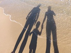 stressede børn og unge - billede af familes skygge i strandkanten